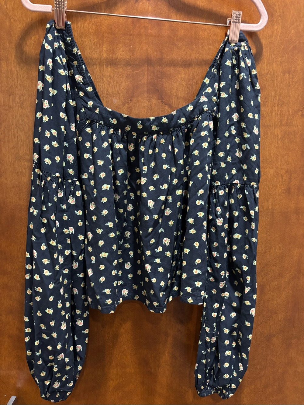 Billabong Navy Floral Smocked Off-Shoulder Blouse